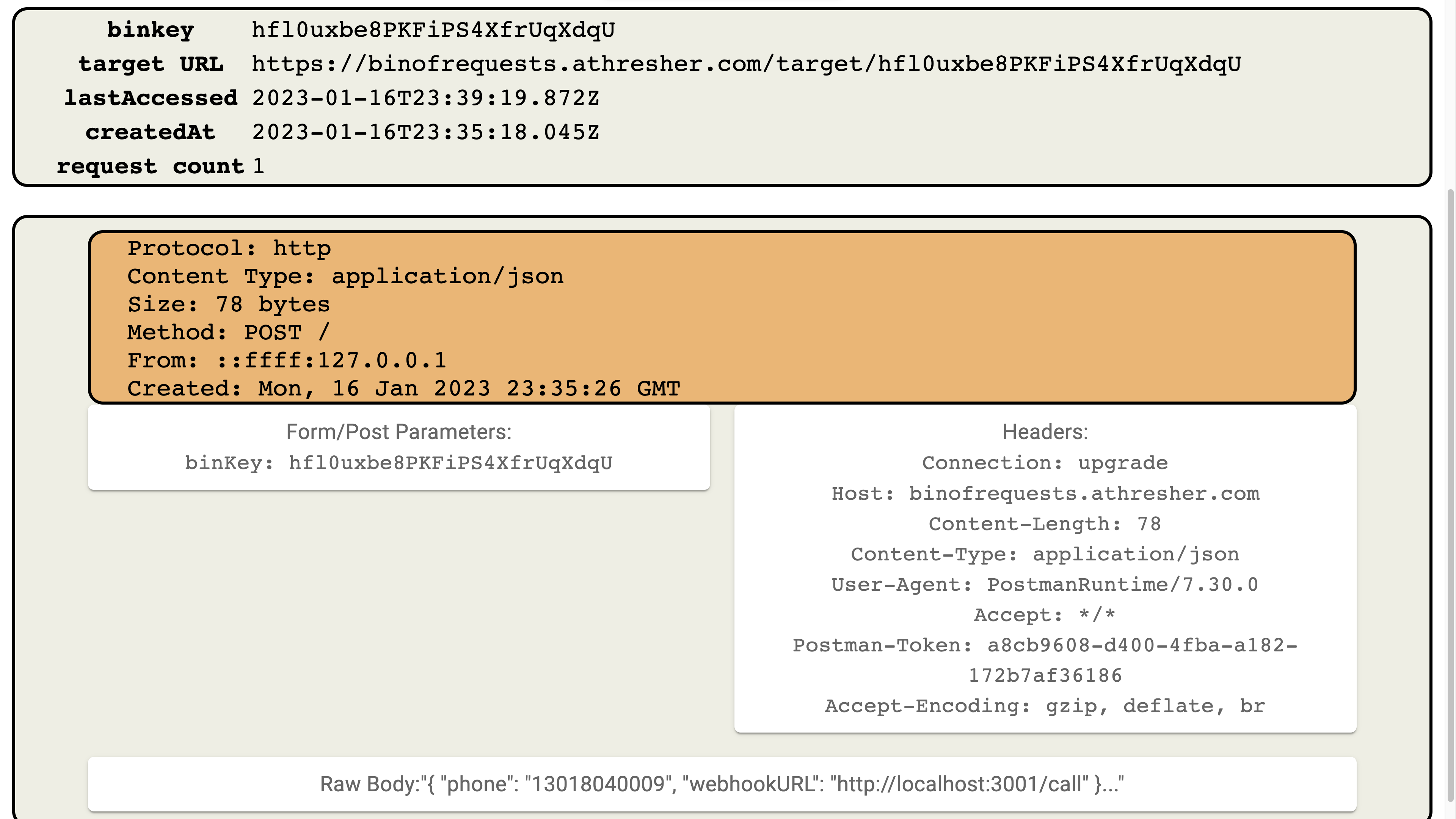 screenshot of bin of requests application