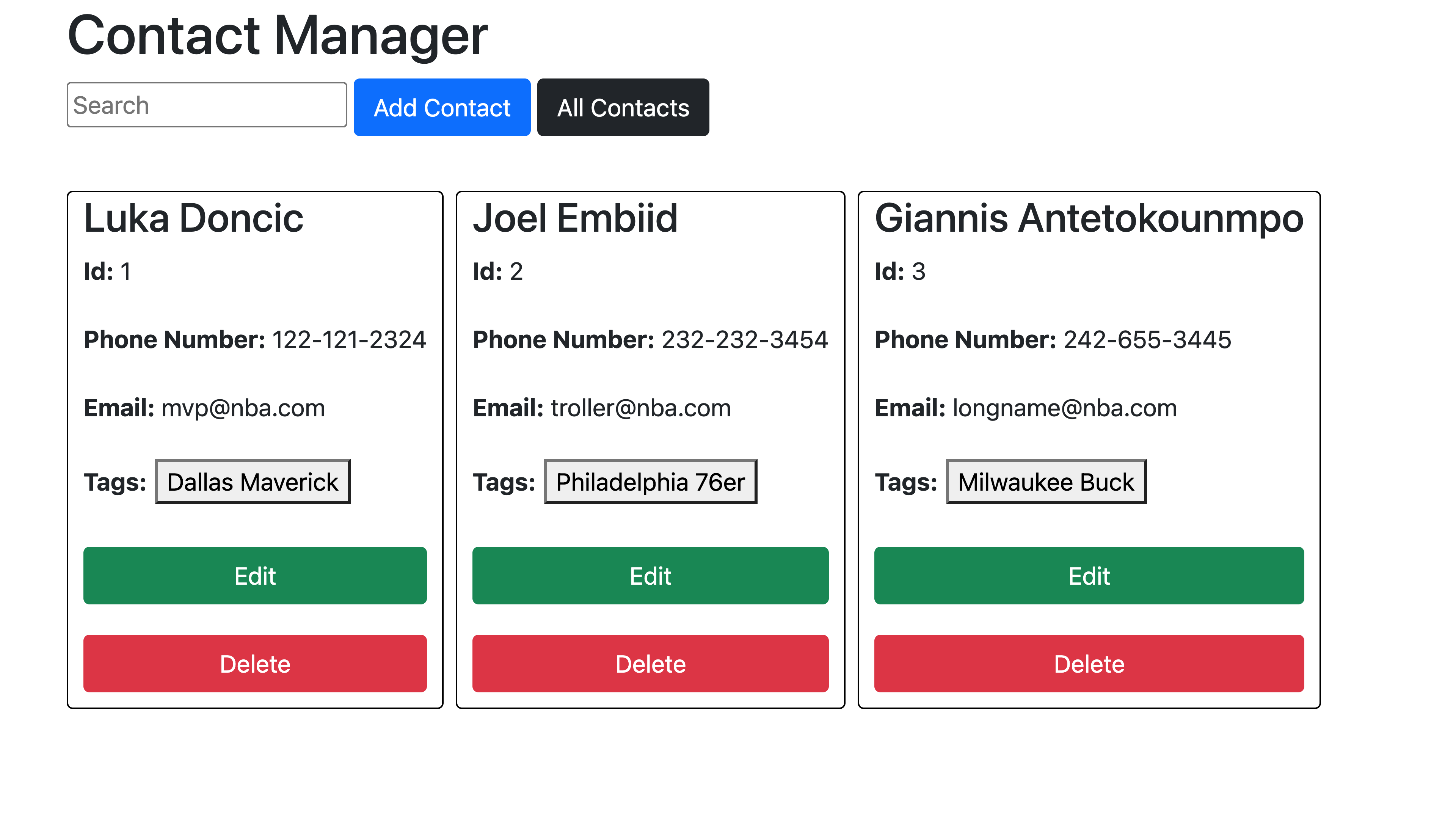 screenshot of contact manager application